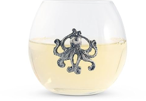 Vagabond House Octopus Stemless Wine Glass, Perfect for Red/White Wine, Hand Blown Premium Crystal with Coastal Style, 3.25 Tall, 12 oz - A Nautical Touch to Your Table Setting - Sold as Single Glass