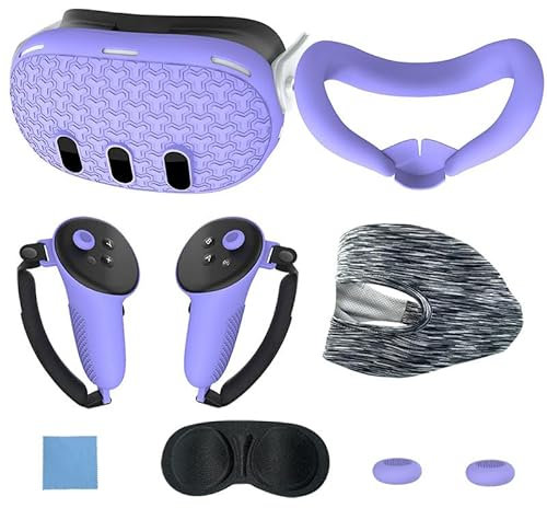 BeisDirect 7-Piece Set for Me-ta Quest 3 Accessories, Quest 3 VR Silicone face Cover, VR Shell Cover, Quest 3 Touch Controller Grip Cover, Protective Lens Cover, Disposable Eye Cover (Purple)