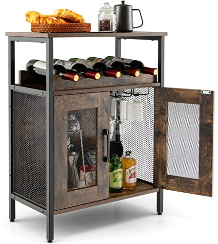 KOMFOTTEU Weinschrank mit abnehmbarem Weinregal & 6 Glashalter, Flaschenständer stehend 60 x 34 x 79cm, Sideboard Vintage aus Holz, Küchenschrank Weinständer für Küche, Esszimmer