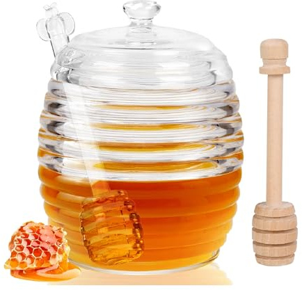 Loscarol Honey Jar with Dipper and Lid, 8 oz Glass Honey Pot Dispenser with 2 Dippers Sticks Set, Honey Containers for Kitchen, Home, Syrup Storage