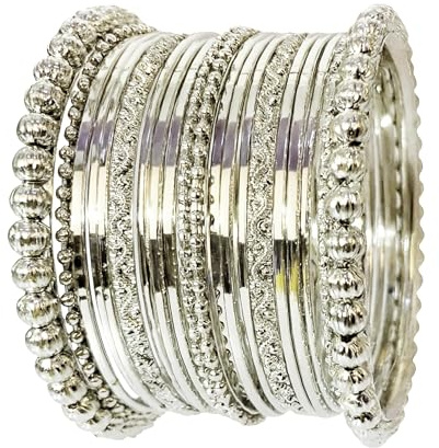 Touchstone Pulsera tradicional india de Bollywood hecha a mano con bonitos patrones surtidos, fabulosas pulseras de joyería de diseñador, juego de 20 en tono plateado para mujer., X-Large, Inner