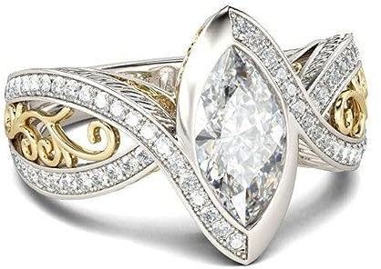 Jeulia Bague vintage en argent sterling bicolore taille marquise pour femme et fille avec boîte à bijoux (Argent, Or Jaune, 52(16.5))