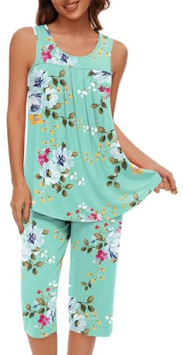 2 Piece Outfits Women Lounge Wear Women Ladies Pyjamas Set Leisure Wear Sets For Women Uk Womens Tracksuit Set Nightwear Comfy Sleepwear Summer Floral Print Sleeveless Tops & Cropped Bottoms