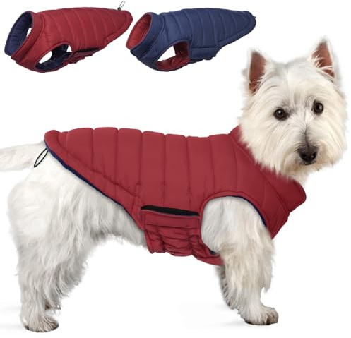 Lelepet Hundemantel Winter Jacke für Kleine Hunde, Wasserdicht Warmer Hunde Winterjacke, Wendbarer Winddicht Hundejacke mit Klettverschluss, Rot S