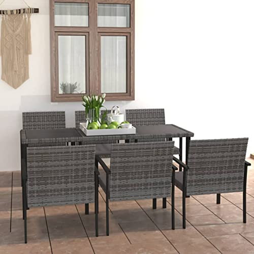 Gecheer 7-TLG. Polyrattan Sitzgruppe 6 Personen Garten Essgruppe Gartenmöbel Set Gartenlounge Set Gartentisch mit Stühlen Loungemöbel Balkonmöbel Set Gartengarnitur Balkon Möbel Grau