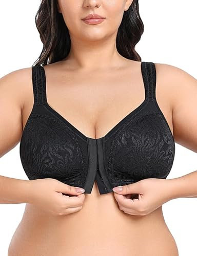 WingsLove Front Fastening Bras for Women Minimizer Wireless Non Padded Full Coverage Back Support Plus Size Bras (Black,38G)