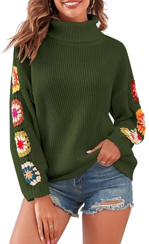 ZAFUL Strick Pullover Damen Rollkragen mit Häkeln Blume Elegant Pulli Langarm Drop Shoulder Turtleneck Sweater für Herbst Winter (3-Olivgrün,L)