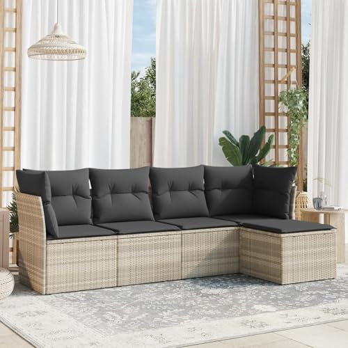 Homgoday 5-TLG. Garten-Sofagarnitur mit Kissen Gartenmöbel Balkonmöbel Gartenlounge Lounge Sofa Balkonlounge Gartensofa Sitzgruppe Balkonsofa Gartenset Hellgrau Poly Rattan