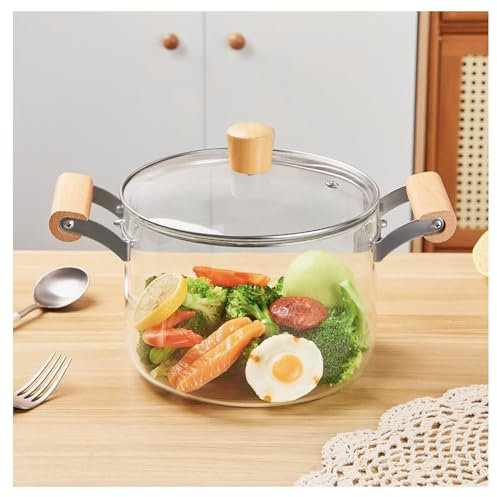 Glass Cooking Pot,Clear Pots for Cooking Wooden Double Handles, Heat Resistant Simmer Pot Glass for Kitchen & Dining(3.5L)