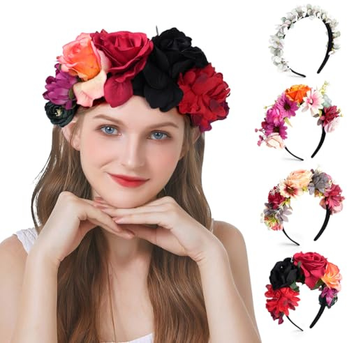LOPHE Künstliches Blumen Haarreifen, Haarreif Dirndl Blumen Rosen Haarband, Blumenkranz Haare Oktoberfest für Damen, Hochzeit, Strand, Urlaub, Party, Strand(D)