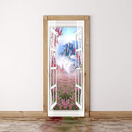 Türtapete Selbstklebend Fenster Blume Meer Tür Türtapete Selbstklebend Türposter,Fototapete Selbstklebend 3D Pvc Türaufkleber Diy Türbild,Türfolie Poster Tapete B85 x H205cm