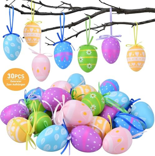 SupRovare Uova di Pasqua Decorazioni, 30 Pezzi Uova Pasquali da Appendere, Uova di Pasqua Decorative con Bellissimi Motivi, Uova di Pasqua Colorate per Scuola Casa Ufficio Articoli Feste Decorazione