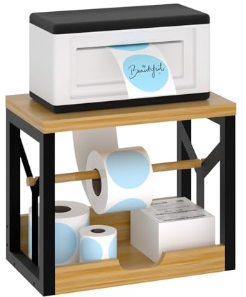 AO LI GEI Label Holder for Rolls and Fan-Fold Labels,Wooden Thermal Label Roll Holder for Shipping Label Stand Desktop Printer Holder for Home Office Accessory Sticker Dispenser