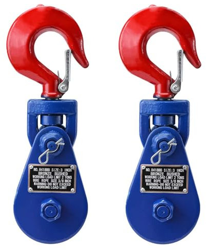 BOOMSTART 2 Stück 2 Tonnen Umlenkrollen mit Drehbarem Haken, Schwerlast Flaschenzügen mit Sicherheitshaken für Drahtseil Seilwinde Schäkel, 9mm Seil, Stahl
