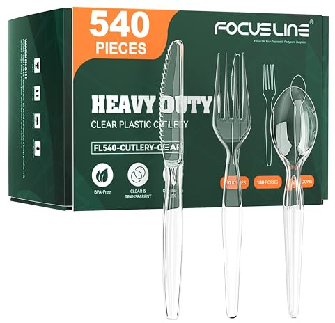FOCUSLINE 540 Count Clear Plastic Silverware, 180 Forks, Knives and Spoons Each, BPA-Free, Heavy Duty Disposable Cutlery Set, Premium Disposable Flatware Plastic Utensils for Party Everyday Use