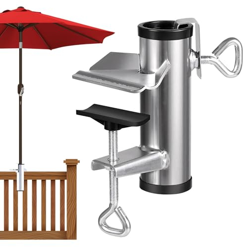 FUFRE Sonnenschirmhalter Balkongeländer,Sonnenschirm Halterung Balkon Φ1.9-3.8cm kompatibel,Metall Schirmhalterung Balkongeländer,Balkonhalterung für Sonnenschirme,Klemmbereich bis zu 5cm (Silber)