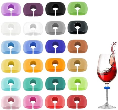 OUDQFCJ Lot de 24 étiquettes en verre à vin avec bouchon de bouteille, marqueurs de verre à vin en silicone pour décoration de fête, utilisation à la maison