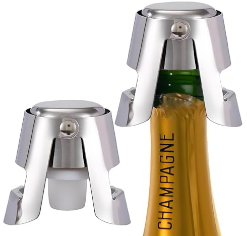 2PCS Champagne Stoppers & Wine Bottle Stoppers, Silver Set | Stainless Steel & Silicone, Bottle Sealing, 2 Stoppers, Standard Size, Silver, for Champagne, Wine And Prosecco