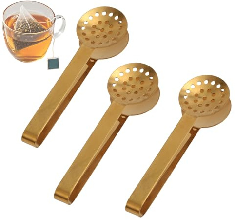 lasuroa 3pcs Tea Bag Squeezer Tongs, Stainless Steel Strainer Spoons Teabag Clips Tool Practical Strainer Tea Accessories (Gold)