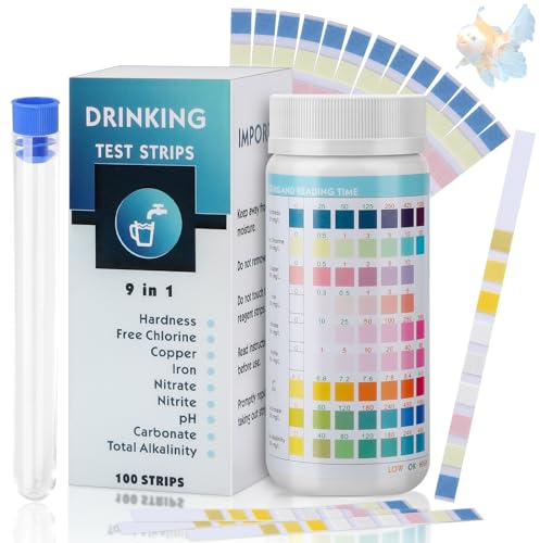 Aquarium Test Strips, 9-in-1 Fish Tank Test Strip, Water Testing Kits for Drinking Water, 100 Strips for Ammonia Nitrogen, Nitrite, Chlorine, Hardness, Alkalinity, Carbonate, pH for Aquarium Pond