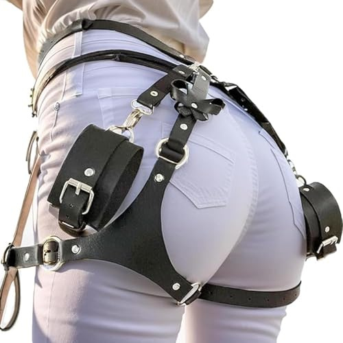Heavelove Punk Leather Thigh Harness, Faux Leather Waist Chain Beltfor women's and girls' jewelry belt body chains for Halloween Punk Waist Chain Belt (Black)