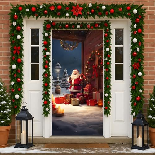 JunD Funda Puerta Papá Noel 90 x 200 cm – Cortina Navideña De Poliéster Lavable con Cierre Autoadherente para Puerta Entrada Balcón Porche Decoración Navidad