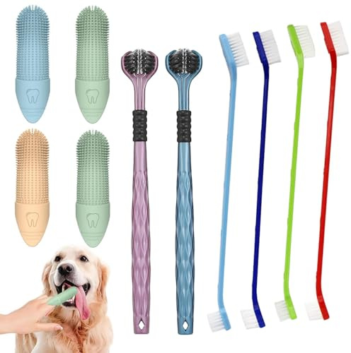 10PCS Dog Toothbrush Set, Triple-Head & Dual-Head Toothbrush with Finger Brushes, Complete Pet Dental Care Kit for Dogs & Cats, Soft Silicone Bristles for Plaque & Tartar Removal, Puppy Teeth Cleaning