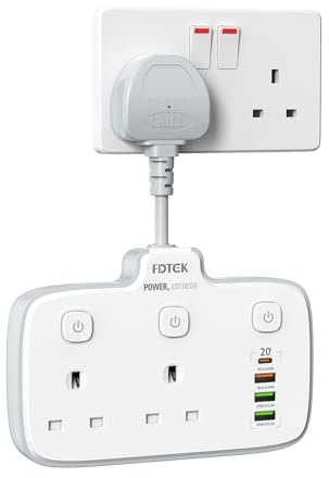 FDTEK Double Plug Adapter UK, Socket Extender with 4 USB Slots (3 USBA+1 USB C PD20W), 3250W Double Plug Socket Extension for Bedroom, Office, Kitchen