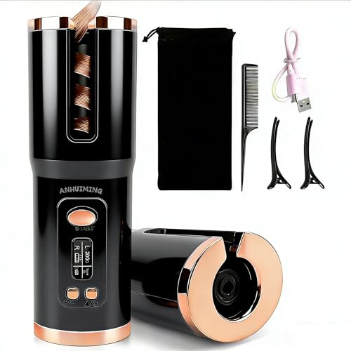 Lockenstab Selbstdrehend Schnurlos elektrischer Lockenwickler klein 20MM für kurze/lange haare mit 5200mAh Große Akku Type‑C Aufladen 6 Temperatur(150-200℃) (Schwarz)