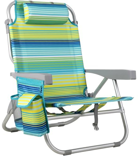 LIFERUN Strandstuhl Klappbar Leicht Aluminium, Rucksack Klappstuhl Strand, Campingstuhl Kann Flach Liegen,bis 150 kg belastbar, Outdoor Faltstuhl mit Verstellbarer Hohe Rückenlehne Eisbeutel Grün