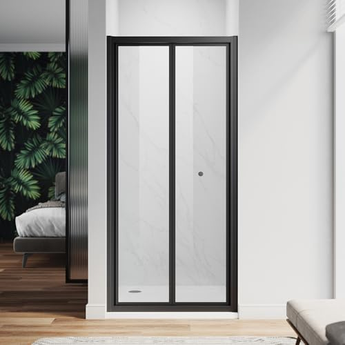 ZANOFIRA 700mm Black Bi-Fold Shower Door Folding Shower Screen 6mm Toughened Clear Safety Glass Space Saving Magnetic Seal Reversible for Wet Rooms En-Suites