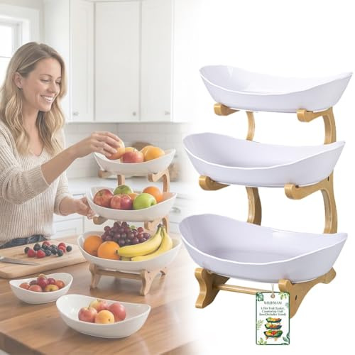 3-Tier Fruit Basket for Kitchen Counter, Stackable & Detachable Fruit Bowl Stand with Bamboo Frame & BPA-Free Bowls, Space Saving Countertop Organizer for Fruits, Vegetables, Snacks, Bread & Candy