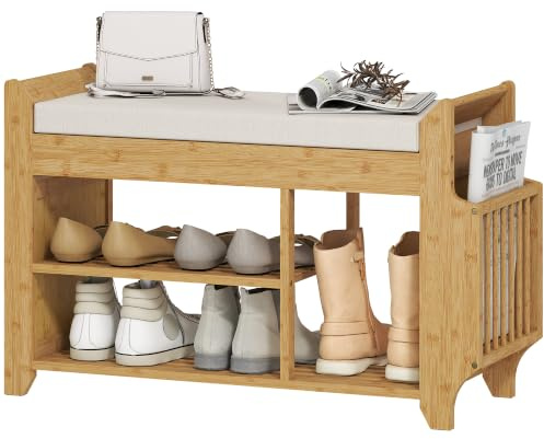 HOMCOM Shoe Bench Cushioned Seat 80 x 30 x 50 cmNatural and Cream | Shoe Storage Bench, Side Holder, Boot Section, 2-Tier Natural Bamboo Entryway Rack, Hallway, Living Room