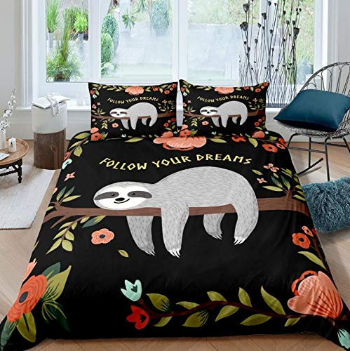 Loussiesd Faultier 155x220 cm Bettwäsche Set Kinder Faultier Tiere Bettbezug Tropische Blumen Blätter Bettwäsche Set Schwarz für Jungen Mädchen Mikrofaser Betten Set Netter Karikatur Faultier