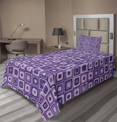 Ambesonne Retro Sheet Set, Monochromatic Style Rounded Corners Squares in Purple Color Palette Print, Fitted and Flat Sheet with Pillowcase Bedding Accent 3 Piece Set, Twin XL, Quartz and Pale Mauve
