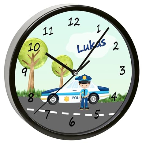 CreaDesign, Wanduhr Kinder personalisiert mit Name, Motiv Polizei, Rahmen Wanduhr schwarz, Ø 19,5 cm