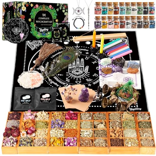 SHYSHINY Witchcraft Supplies Kit, 150Pack Wiccan Supplies and Tools Witchy Gifts for Beginners, Dried Herbs, Crystals, Candles, Green Witch Altar Starter Spell