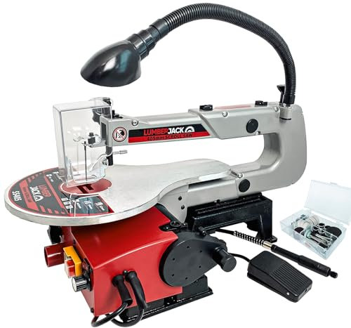 LUMBER JACK Variable Speed Scroll Saw with Flexi LED Light Flexi Shaft Foot Pedal Rotary Tool Included 16 405mm Suitable for Pinned & Pinless Blades, Adjustable Worktop, 64pc Accessory kit