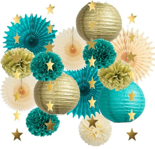 Teal and Gold Party Decorations Teal Blue Gold Paper Lanterns Pom Poms Cream Beige Paper Fans with Star Garland for Baby Shower Bridal Shower Birthday Wedding Engagement Hen Party