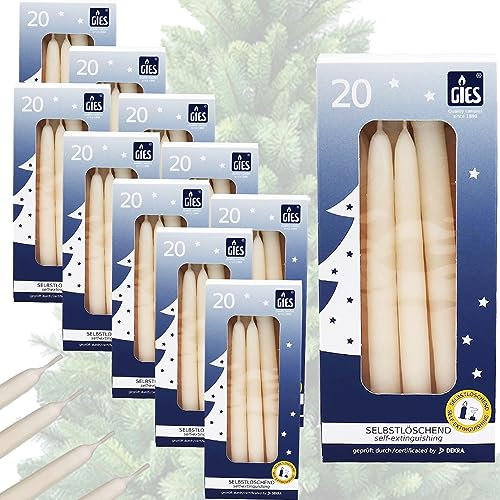 GIES Kerzen Set Creme | 200er Pack selbstlöschende Baumkerzen Wachs 12,4 cm x 1,2 cm (10x20 Stück) | Weihnachtskerzen Pyramidenkerzen Christbaumkerzen | Handgetauchte Qualität