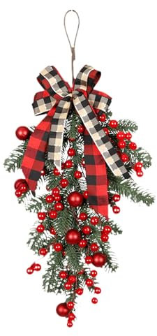 Déco de Noël pré éclairée sans Fil de noël de 23.6 Pouces couronnes de Larmes artificielles pour Porte d'entrée décor de fenêtre Murale extérieure Couronne Fleur Suspendre (B One Size)