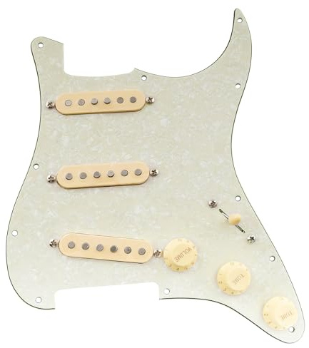 Musiclily Pro ST-SSS Vorverdrahtetes Schlagbrett 4-lagig Aged White Pearl | mit Artec Staggered Alnico 5 Single Coil Tonabnehmer,für Strat Style E-Gitarre