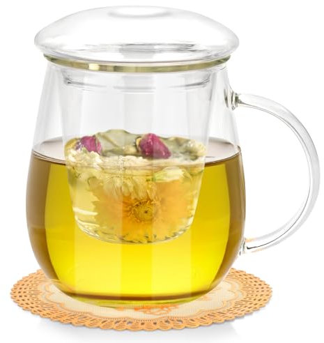 QHYK Taza de té de vidrio, Grande 500 ml, taza con colador y tapa de vidrio, taza de té de borosilicato para té negro, bebidas, café helado, bolsitas de té