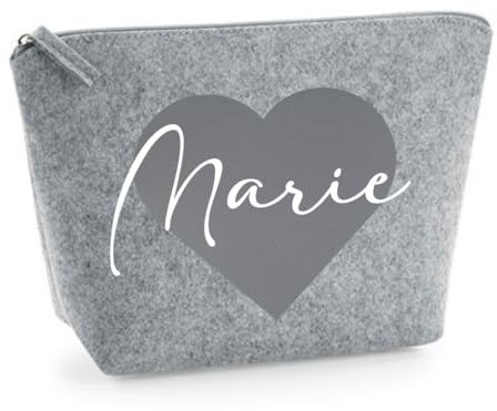 Kosmetiktasche Filz - Tasche mit Name und großem Herz - Schminktasche personalisiert - Kosmetikbeutel mit Namen - Filztasche - Geschenkidee (Hellgrau, M)