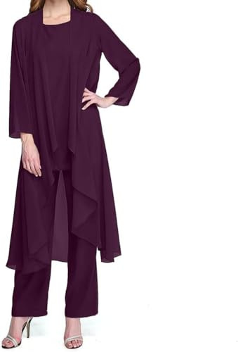 Vestido de Noche de Tul de Tul de chifón de Tres Piezas de Tres Piezas Set de Boda Formal de Gasa con Chaqueta Adecuada para la Madre de la Novia Traje de pantalón Festivo (Púrpura,L)