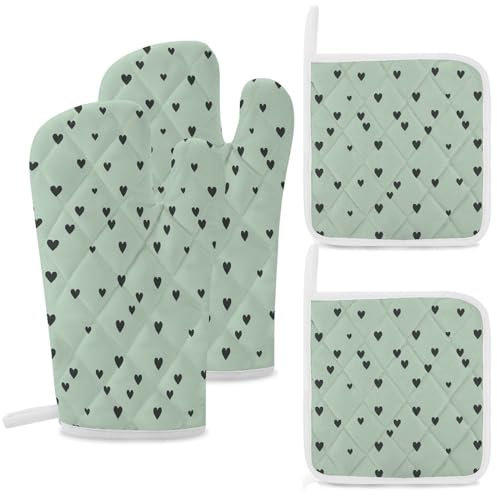Set di 4 guanti da forno e presine a forma di cuore, resistenti al calore, antiscivolo, con fodera in morbido cotone, guanti spessi da cucina, presine, per cottura al forno, barbecue