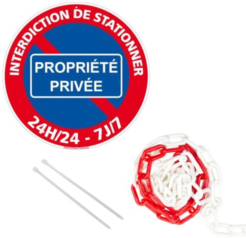 Signalétique.biz France - panneau rond en aluminium 300mm - Interdiction de stationner propriété privé 24h/24-7j/7, avec chaîne plastique rouge et blanche 5m + colliers de serrage.