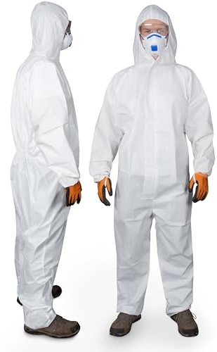 Paintbutler Pro - Chemikalien-Schutzanzug mit Kapuze - Kat III Typ 5B & 6B - Industrie-Schutzkleidung, mikroporöser Einweg-Arbeits-Overall, Robust 60gsm, Partikeldicht (L)