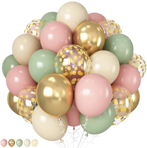 HILAVO Pink and Green Balloons Retro Sage Olive Green Pink Beige Metallic Gold Confetti Latex Balloon for Easter Jungle Safari Christmas Woodland Floral Fairy Birthday Party Decorations
