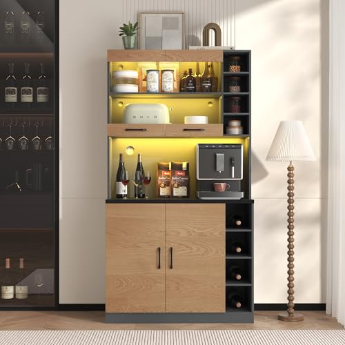SogesHome Küchenschrank Midi- & Hochschränke Buffet Küchen Highboard aus Holz mit LED Beleuchtung, Höhenverstellbare seitliche Ablagefächer,100x47x187 cm (Natur Grau)